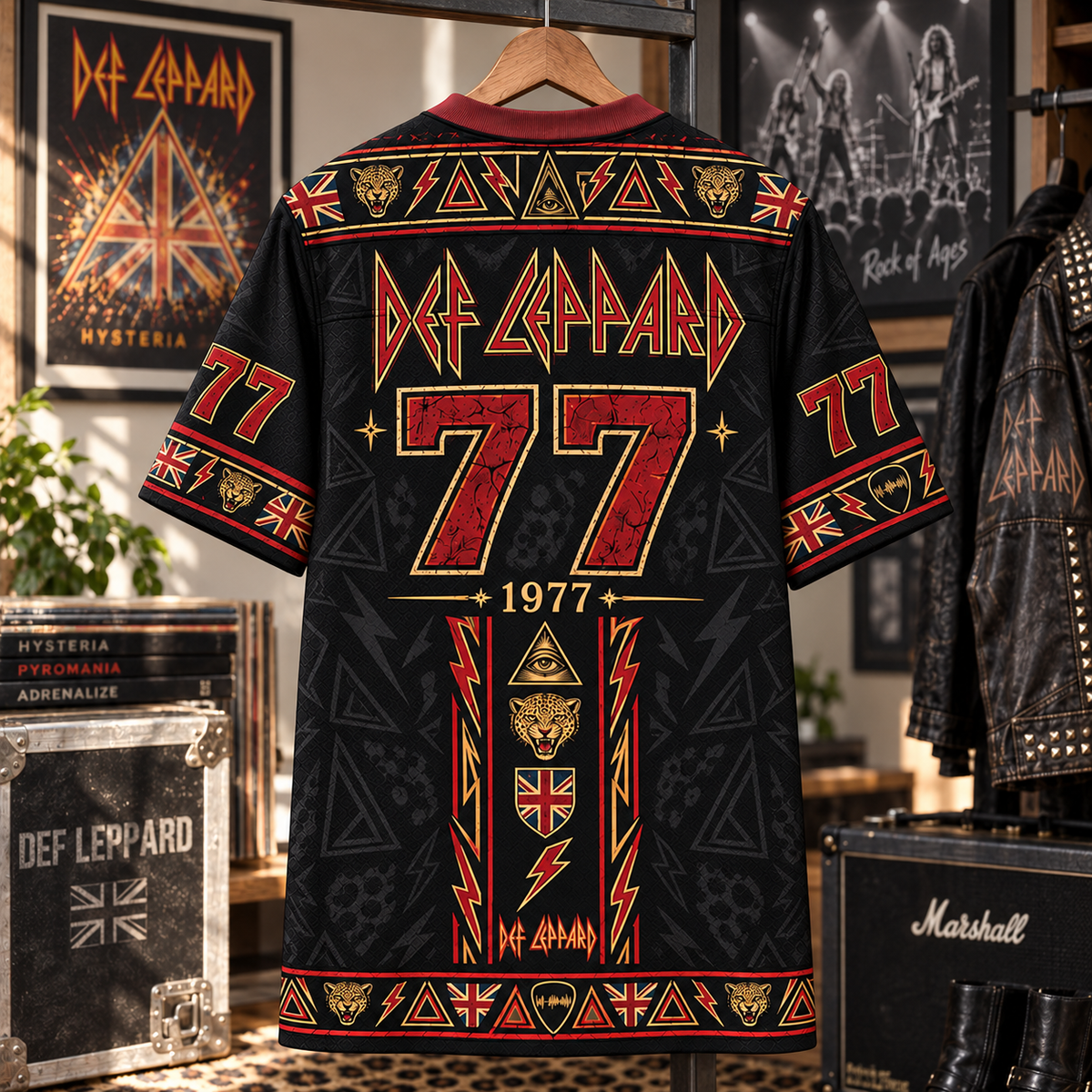 Def Leppard Football Jersey – Pour Some Sugar on Me Leopard Rock Shirt, 1977 Black Red Vintage Music Jersey, Classic Rock Fan Gift