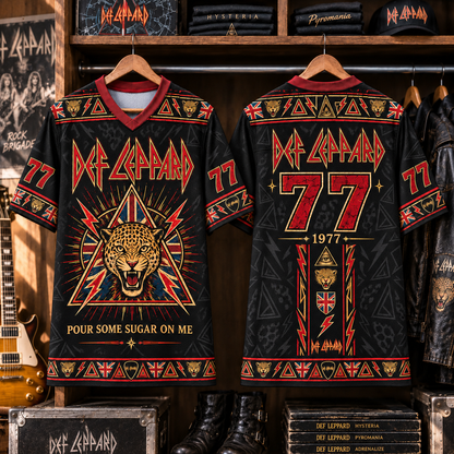 Def Leppard Football Jersey – Pour Some Sugar on Me Leopard Rock Shirt, 1977 Black Red Vintage Music Jersey, Classic Rock Fan Gift