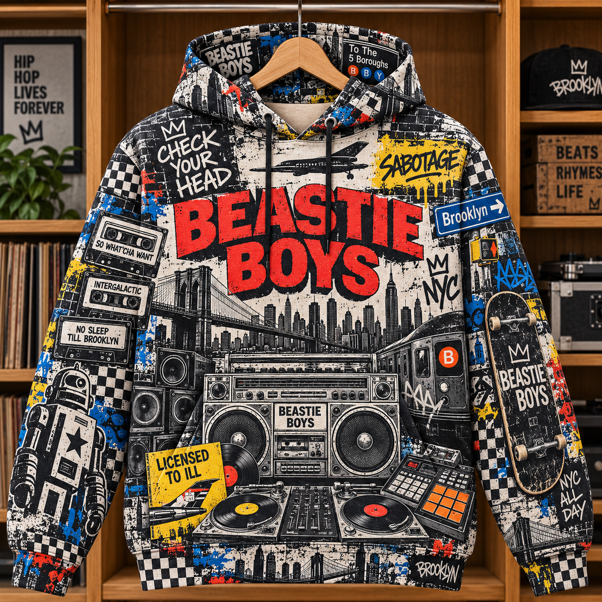 Beastie Boys Tropical Graphic Hoodie – All over Printed Pullover, Electric Guitar Music Fan Gift