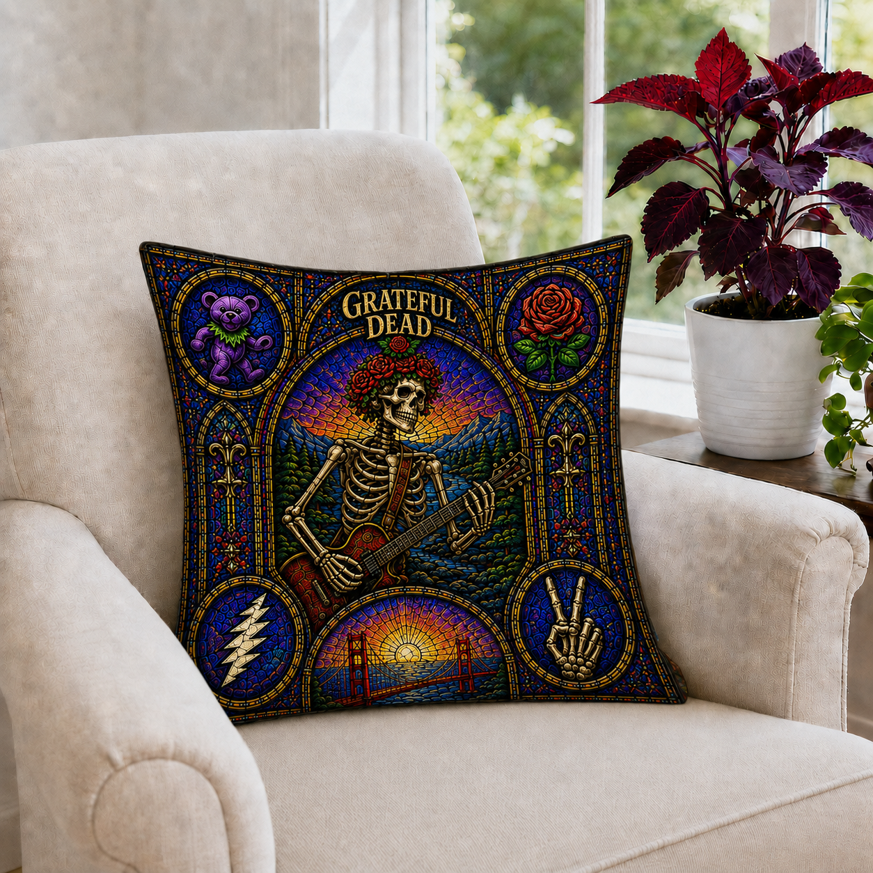 Grateful Dead Stained Glass Throw Pillow, Skeleton Guitar Decorative Pillow, Psychedelic Band Inspired Couch Cushion, Music Lover Home Decor Gift