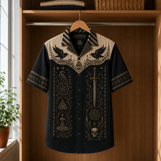 Odin’s Ravens Norse Mythology Shirt, Viking Sword & Nordic Runes Button Up, Valhalla Warrior Shirt