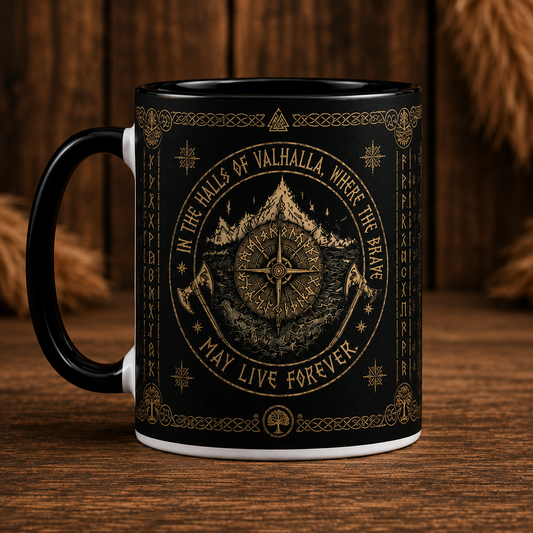 Valhalla Crow Viking Mug, Norse Mythology Coffee Mug, Nordic Runes & Viking Compass Mug, Raven Viking Gift