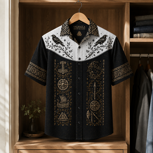 Valhalla Viking Hawaiian Shirt, Norse Mythology Raven & Rune Button Up Shirt, Nordic Warrior Viking Shirt