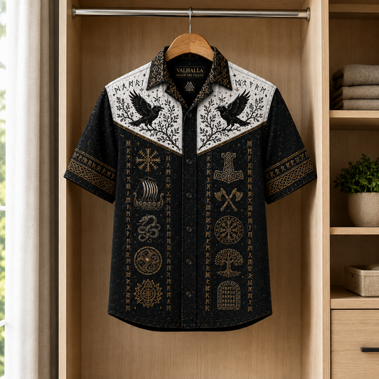 Valhalla Viking Hawaiian Shirt, Norse Mythology Odin Raven Button Up Shirt, Nordic Rune Viking Warrior Shirt