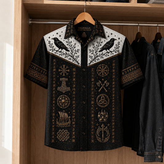 Fenrir Wolf Hawaiian Shirt, Norse Mythology Viking Button Up Shirt, Nordic Runes Valhalla Raven Short Sleeve Shirt