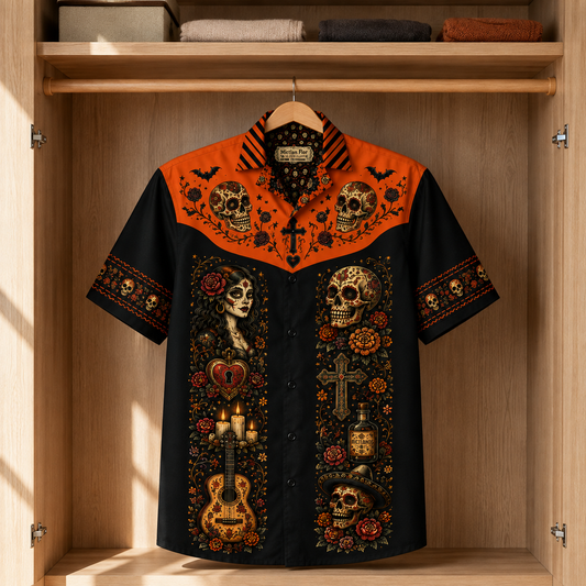 Day of the Dead Hawaiian Shirt, Sugar Skull & Roses Button Up Shirt, Dia de los Muertos Mexican Gothic Shirt