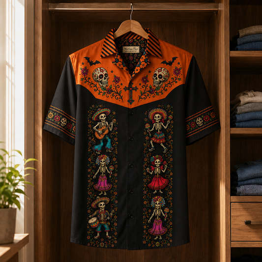 Day of the Dead Hawaiian Shirt, Colorful Sugar Skull & Roses Button Up Shirt, Dia de los Muertos Gothic Shirt