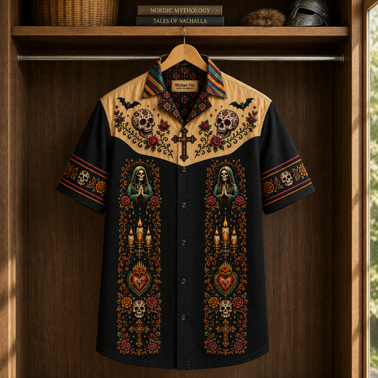 Santa Muerte Hawaiian Shirt, Colorful Gothic Skull & Roses Button Up Shirt, Day of the Dead Short Sleeve Shirt