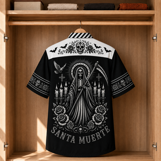 Santa Muerte Hawaiian Shirt, Gothic Skull & Roses Button Up Shirt, Day of the Dead Reaper Shirt, Dark Gothic Short Sleeve Shirt