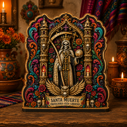 Santa Muerte 3 Layer Wooden Plaque, Lady of Holy Death Gothic Altar Decor, Mexican Folk Art Wood Display