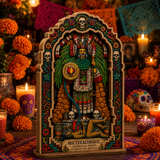 Mictecacihuatl Wooden Plaque, Aztec Goddess of Death 3 Layer Wood Decor, Día de los Muertos Mexican Folk Art
