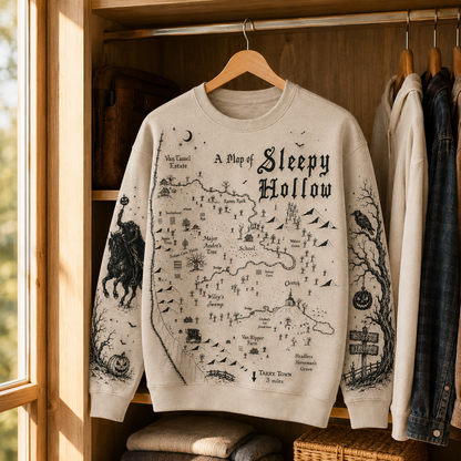 Sleepy Hollow Map Sweatshirt – Vintage Gothic Halloween Crewneck, Headless Horseman Literary Pullover