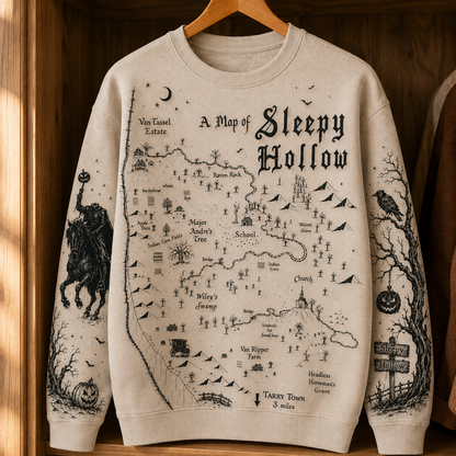 Sleepy Hollow Map Sweatshirt – Vintage Gothic Halloween Crewneck, Headless Horseman Literary Pullover