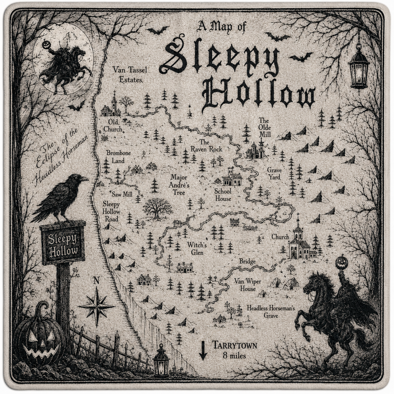 Sleepy Hollow Map Sherpa Blanket – Gothic Halloween Fleece Throw, Headless Horseman Literary Home Decor