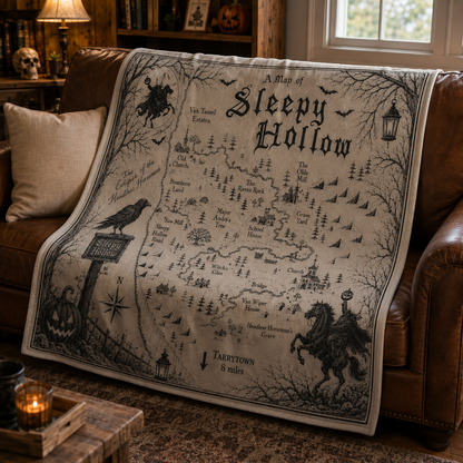 Sleepy Hollow Map Sherpa Blanket – Gothic Halloween Fleece Throw, Headless Horseman Literary Home Decor