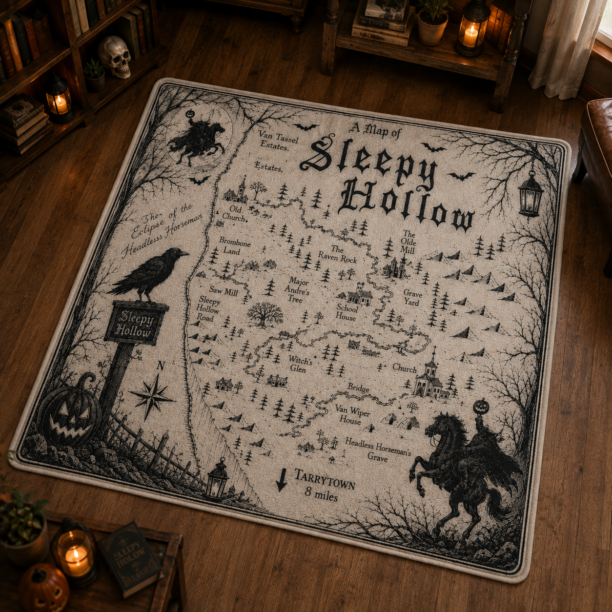 Sleepy Hollow Map Sherpa Blanket – Gothic Halloween Fleece Throw, Headless Horseman Literary Home Decor