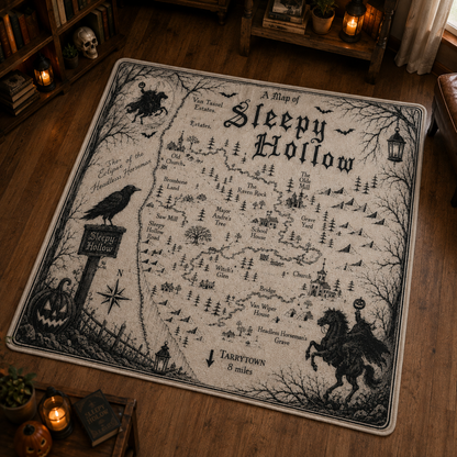 Sleepy Hollow Map Sherpa Blanket – Gothic Halloween Fleece Throw, Headless Horseman Literary Home Decor