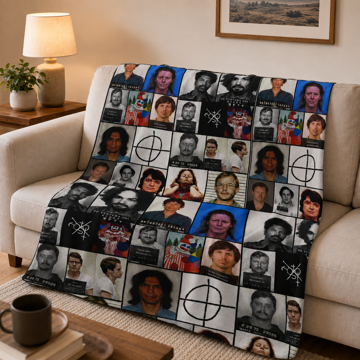 Serial Killer Sherpa Blanket – True Crime Mugshot Collage Fleece Throw, Horror Movie Room Decor Gift
