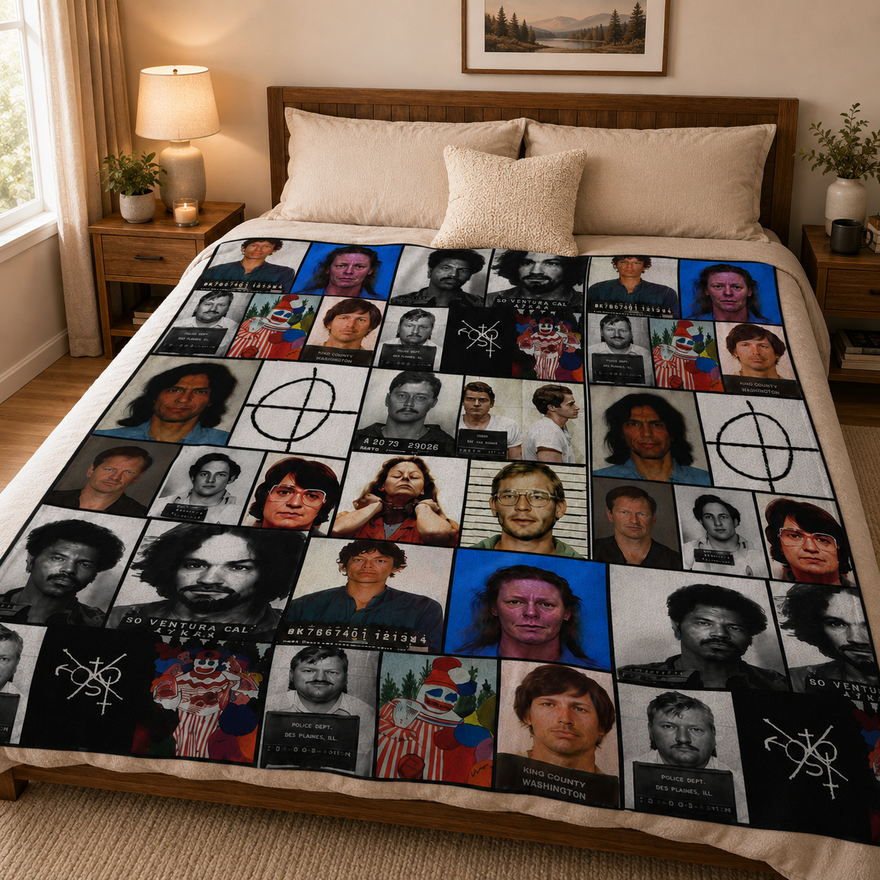 Serial Killer Sherpa Blanket – True Crime Mugshot Collage Fleece Throw, Horror Movie Room Decor Gift