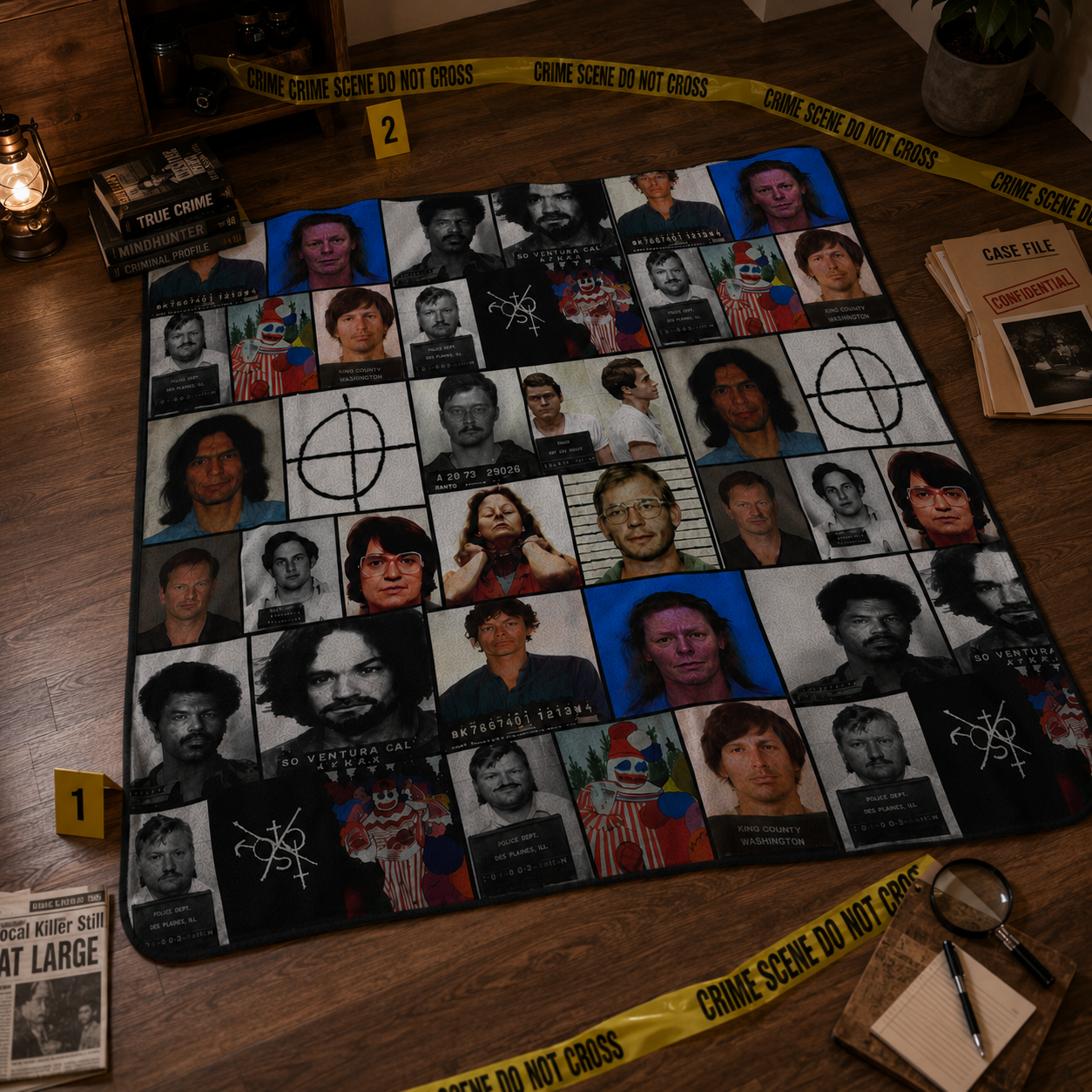 Serial Killer Sherpa Blanket – True Crime Mugshot Collage Fleece Throw, Horror Movie Room Decor Gift