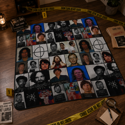 Serial Killer Sherpa Blanket – True Crime Mugshot Collage Fleece Throw, Horror Movie Room Decor Gift