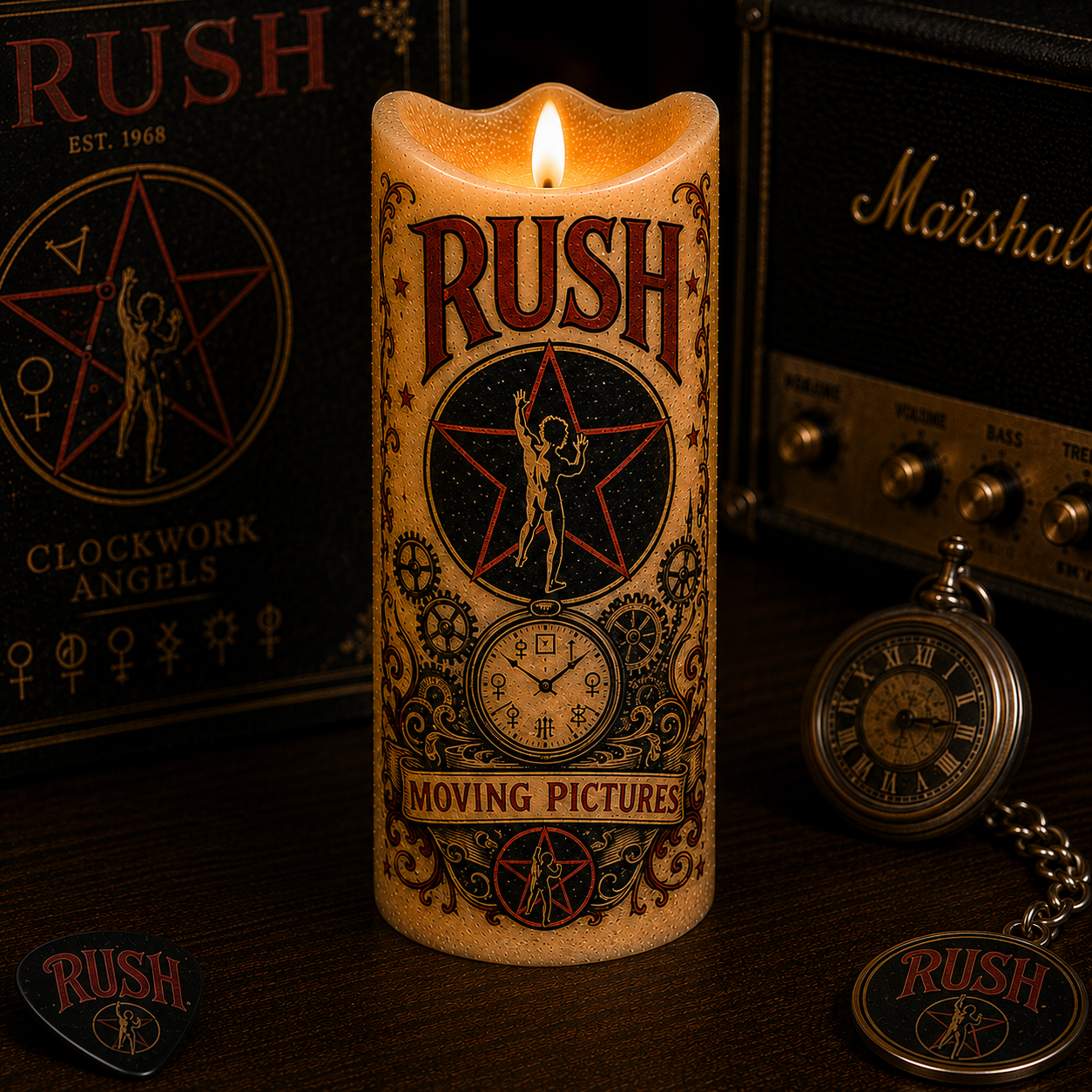 Rush LED Flameless Candle – Punk Rock Music Decorative Candle with Warm Flickering Light