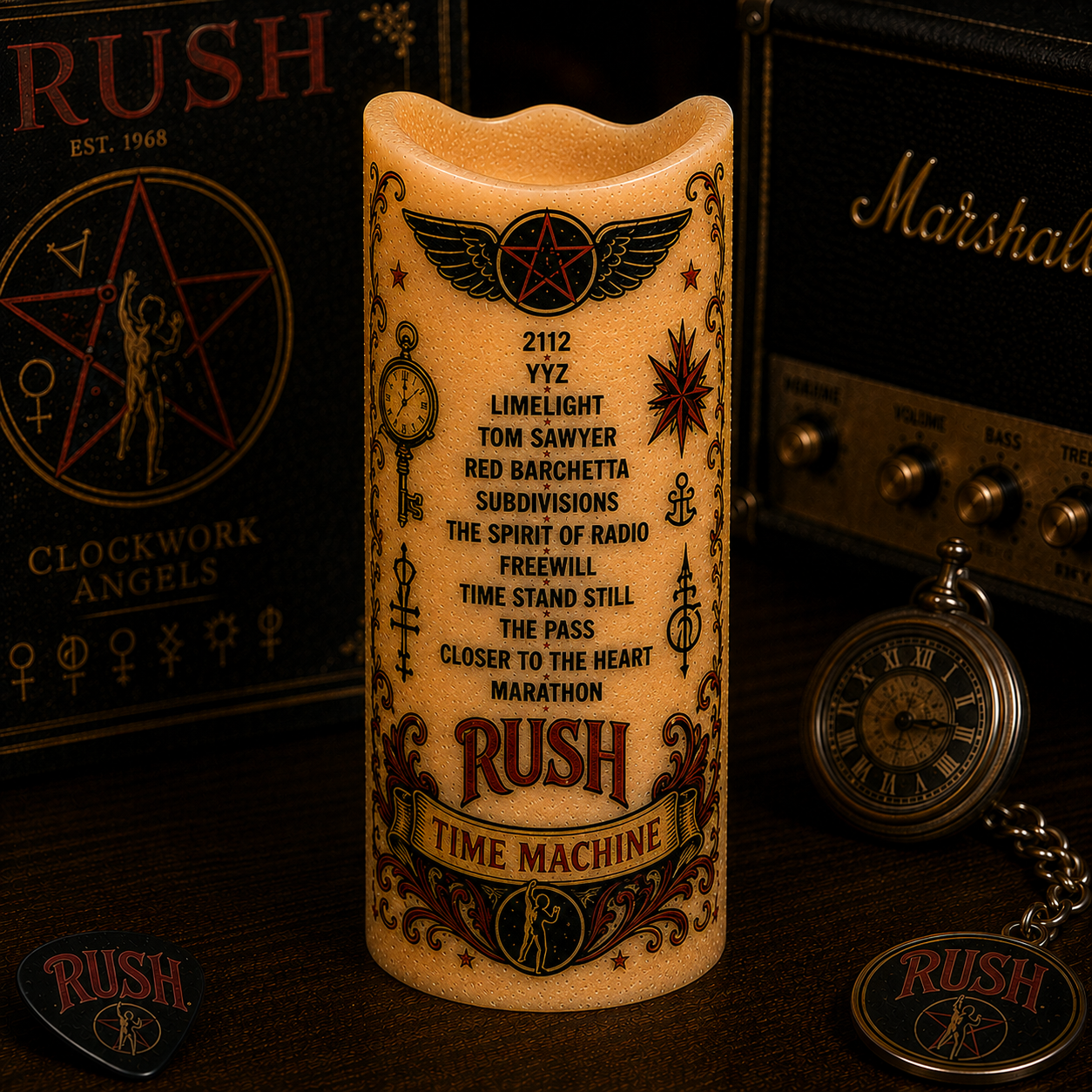 Rush LED Flameless Candle – Punk Rock Music Decorative Candle with Warm Flickering Light