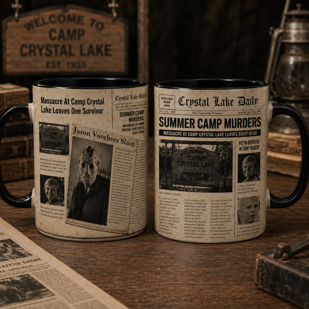 Camp Crystal Lake Newspaper Mug, Jason Horror Coffee Mug, Friday the 13th Inspired Mug, Crystal Lake Daily Mug, Halloween Horror Gift