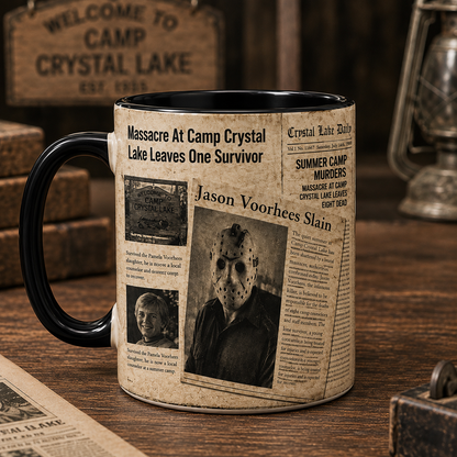 Camp Crystal Lake Newspaper Mug, Jason Horror Coffee Mug, Friday the 13th Inspired Mug, Crystal Lake Daily Mug, Halloween Horror Gift