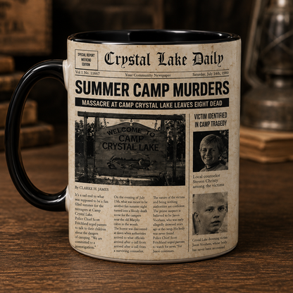 Camp Crystal Lake Newspaper Mug, Jason Horror Coffee Mug, Friday the 13th Inspired Mug, Crystal Lake Daily Mug, Halloween Horror Gift