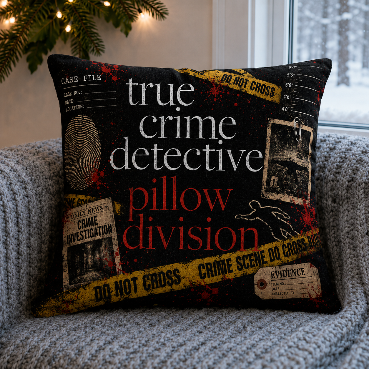 True Crime Detective Pillow Division – Crime Scene Throw Pillow, Murder Mystery Lover Gift, Detective Case File Home Decor