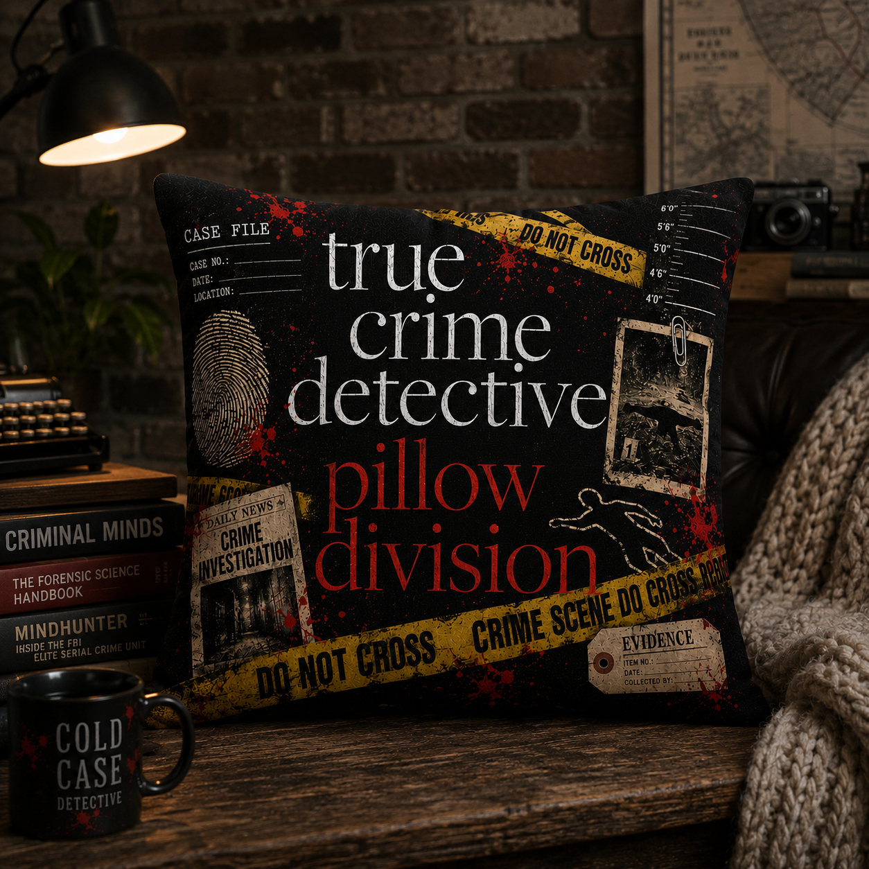 True Crime Detective Pillow Division – Crime Scene Throw Pillow, Murder Mystery Lover Gift, Detective Case File Home Decor