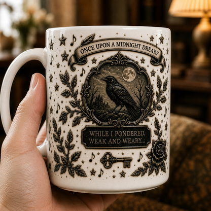 Edgar Allan Poe Raven Ceramic Mug – Gothic Coffee Mug, Nevermore Mug, White Ceramic Version