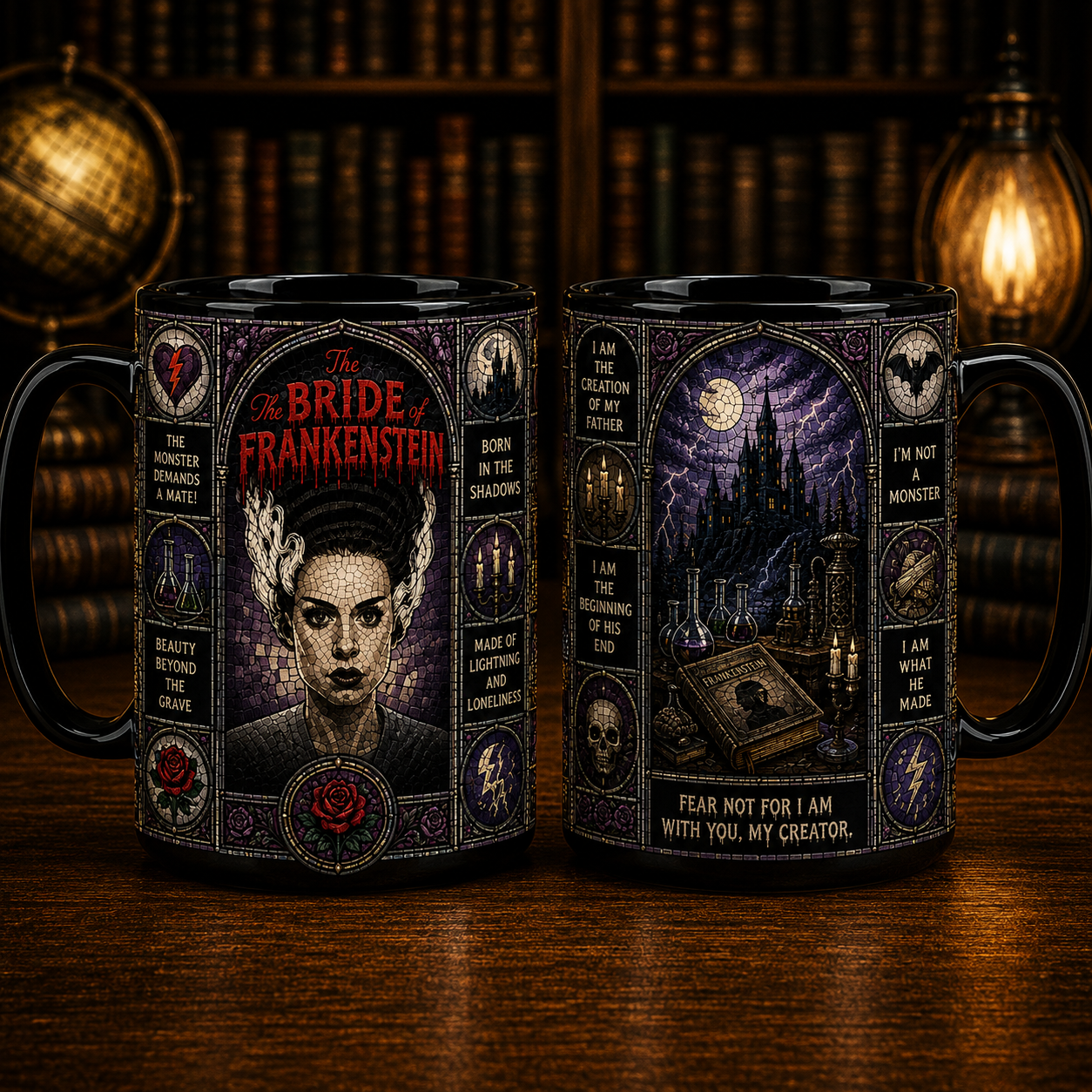 Bride of Frankenstein Black Mug – Gothic Stained Glass Horror Coffee Mug, Universal Monsters Ceramic Mug, Classic Monster Gift