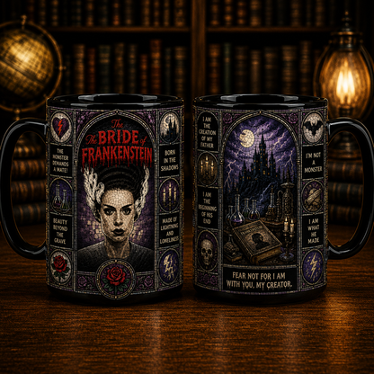 Bride of Frankenstein Black Mug – Gothic Stained Glass Horror Coffee Mug, Universal Monsters Ceramic Mug, Classic Monster Gift