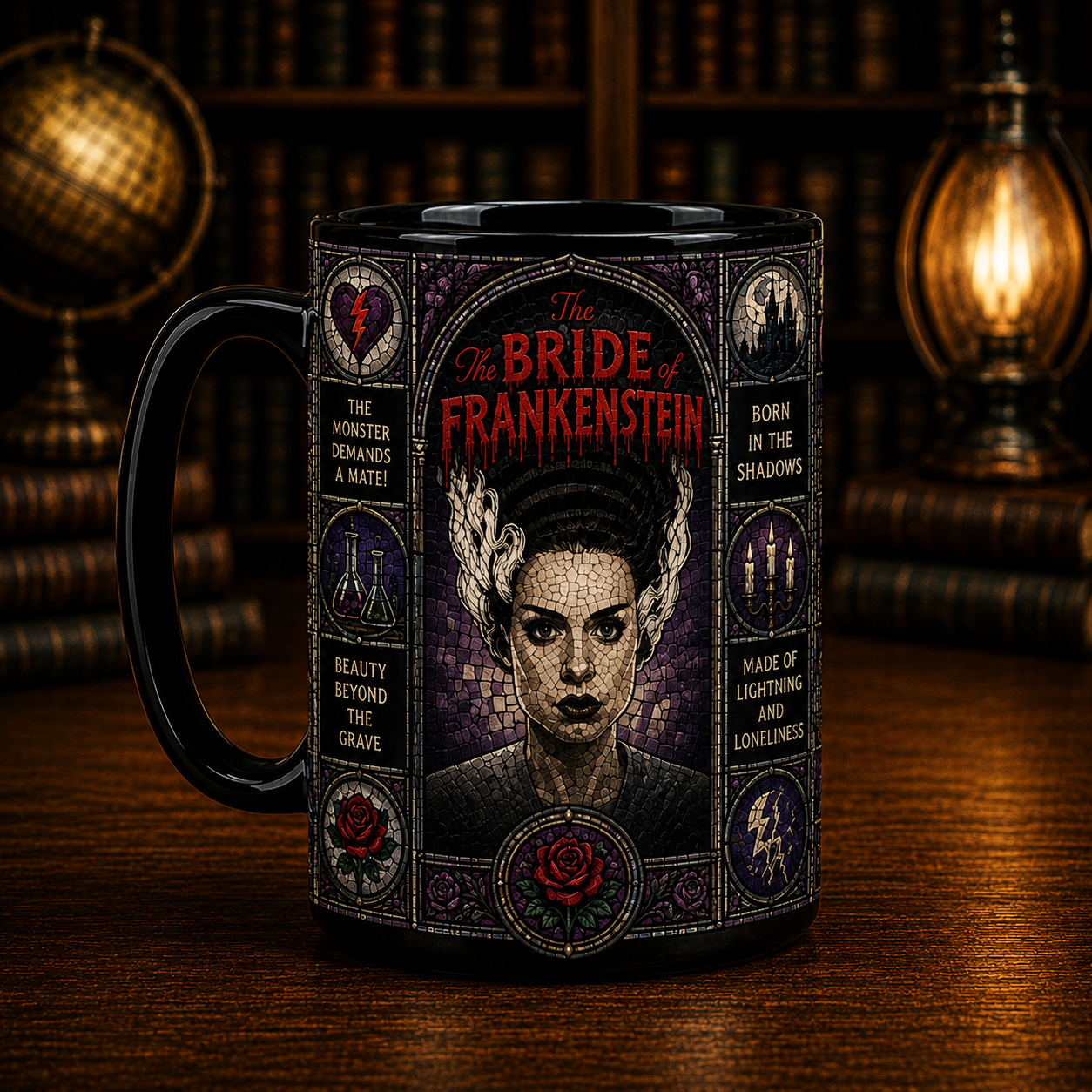 Bride of Frankenstein Black Mug – Gothic Stained Glass Horror Coffee Mug, Universal Monsters Ceramic Mug, Classic Monster Gift