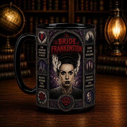 Bride of Frankenstein Black Mug – Gothic Stained Glass Horror Coffee Mug, Universal Monsters Ceramic Mug, Classic Monster Gift