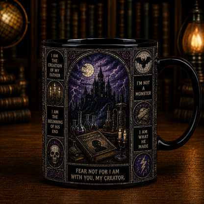Bride of Frankenstein Black Mug – Gothic Stained Glass Horror Coffee Mug, Universal Monsters Ceramic Mug, Classic Monster Gift