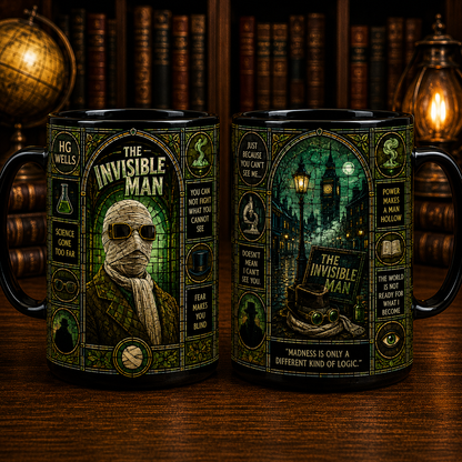 The Invisible Man Black Mug – Universal Monsters Gothic Coffee Mug, HG Wells Horror Mug, Vintage Invisible Man Gift