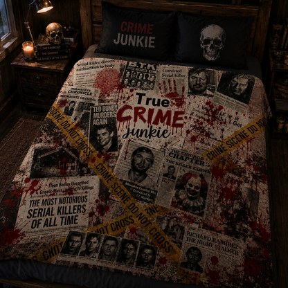 True Crime Junkie Sherpa Blanket – Serial Killer Crime Scene Blanket, True Crime Fan Gift, Murder Mystery Horror Throw