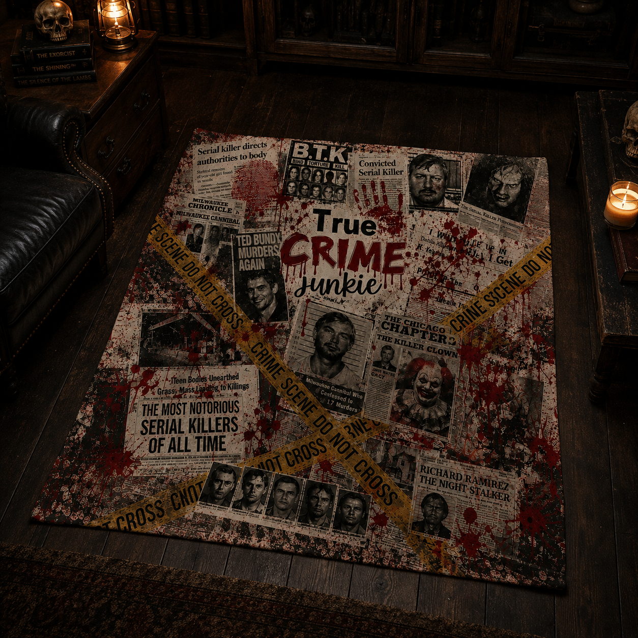 True Crime Junkie Sherpa Blanket – Serial Killer Crime Scene Blanket, True Crime Fan Gift, Murder Mystery Horror Throw