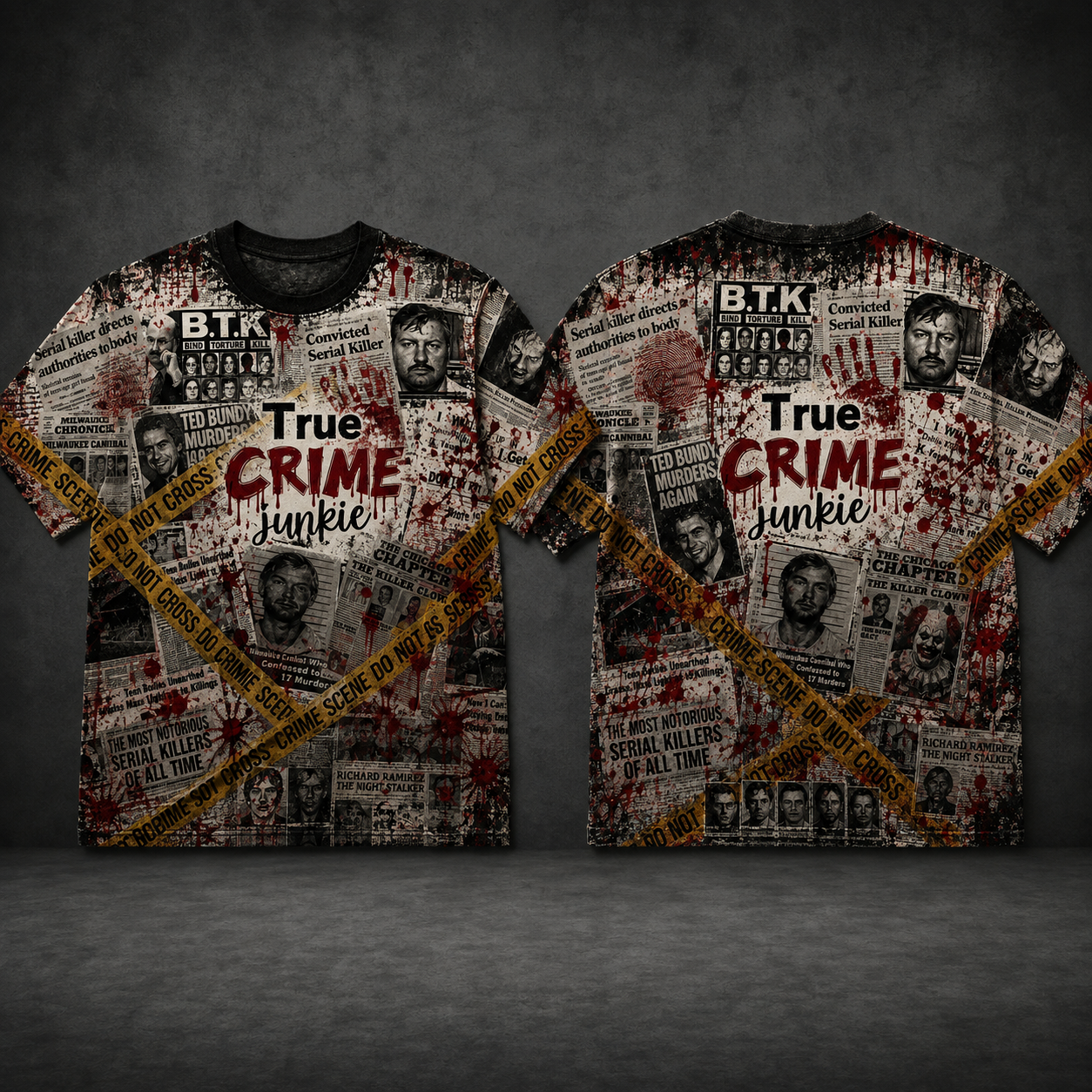 True Crime Junkie All-Over Print T-Shirt – Serial Killer Crime Scene Shirt, True Crime Fan Tee, Murder Mystery Gift
