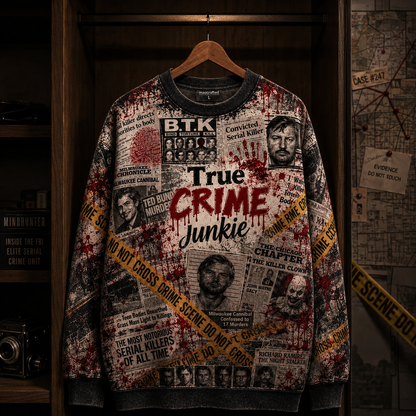 True Crime Junkie All-Over Print Sweatshirt – Serial Killer Crime Scene Crewneck, True Crime Fan Gift, Murder Mystery Sweater