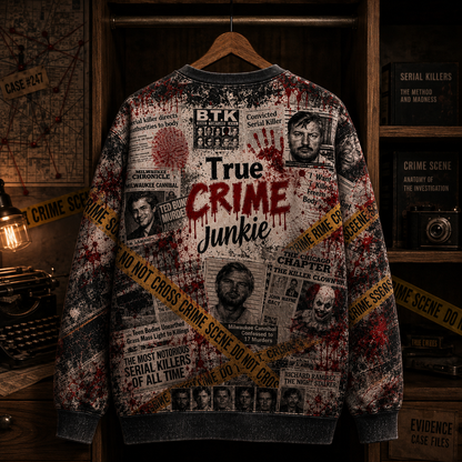 True Crime Junkie All-Over Print Sweatshirt – Serial Killer Crime Scene Crewneck, True Crime Fan Gift, Murder Mystery Sweater