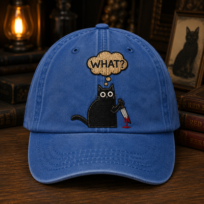 Funny Black Cat Embroidered Cap – “WHAT?” Knife Cat Hat, Cute Creepy Cat Baseball Cap, Dark Humor Halloween Gift