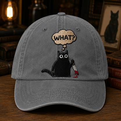 Funny Black Cat Embroidered Cap – “WHAT?” Knife Cat Hat, Cute Creepy Cat Baseball Cap, Dark Humor Halloween Gift