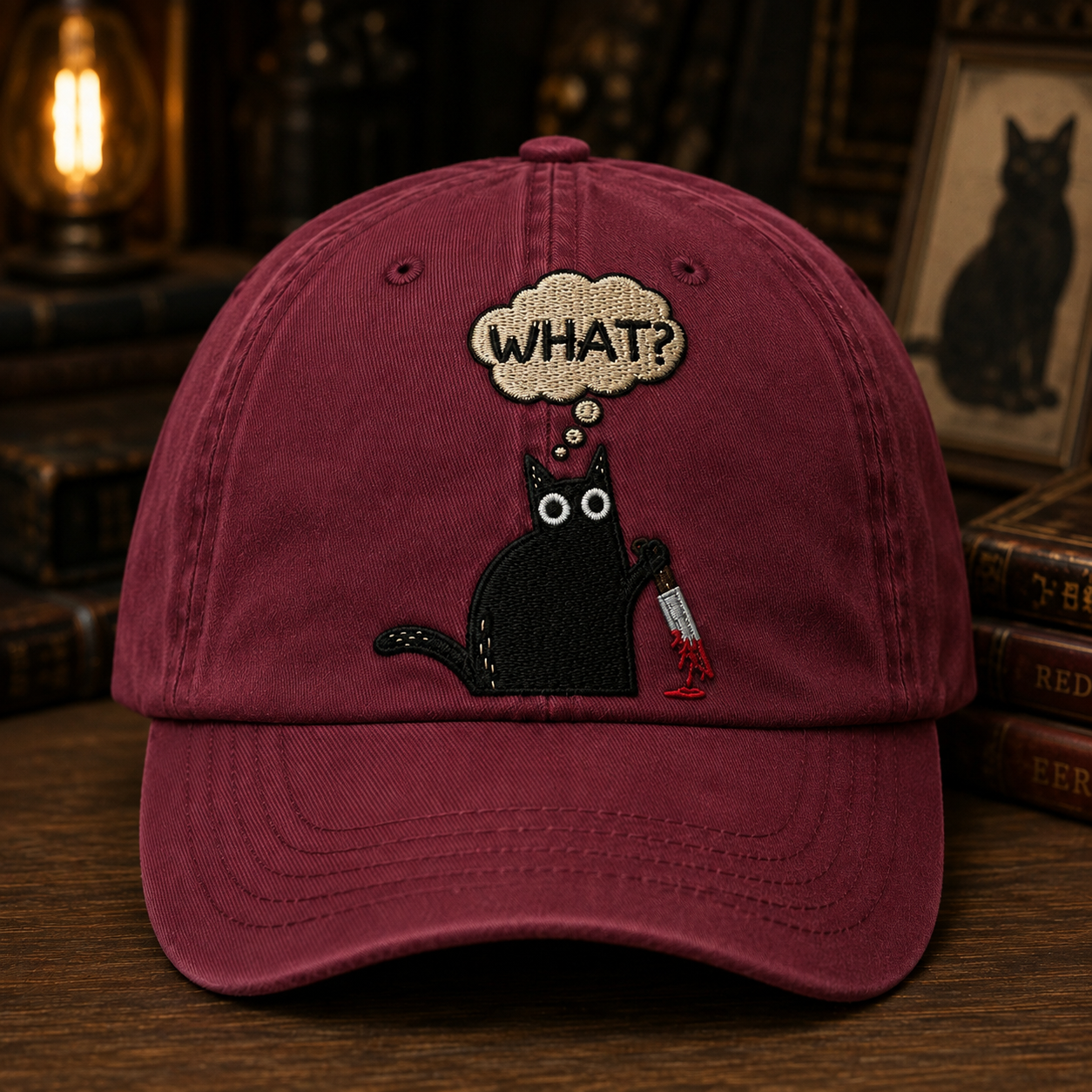 Funny Black Cat Embroidered Cap – “WHAT?” Knife Cat Hat, Cute Creepy Cat Baseball Cap, Dark Humor Halloween Gift