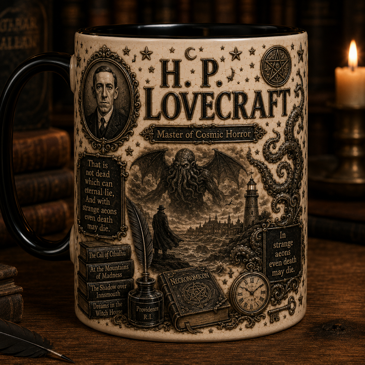 H.P. Lovecraft Mug – Cthulhu Cosmic Horror Coffee Cup, Necronomicon Literary Mug, Gothic Horror Book Lover Gift