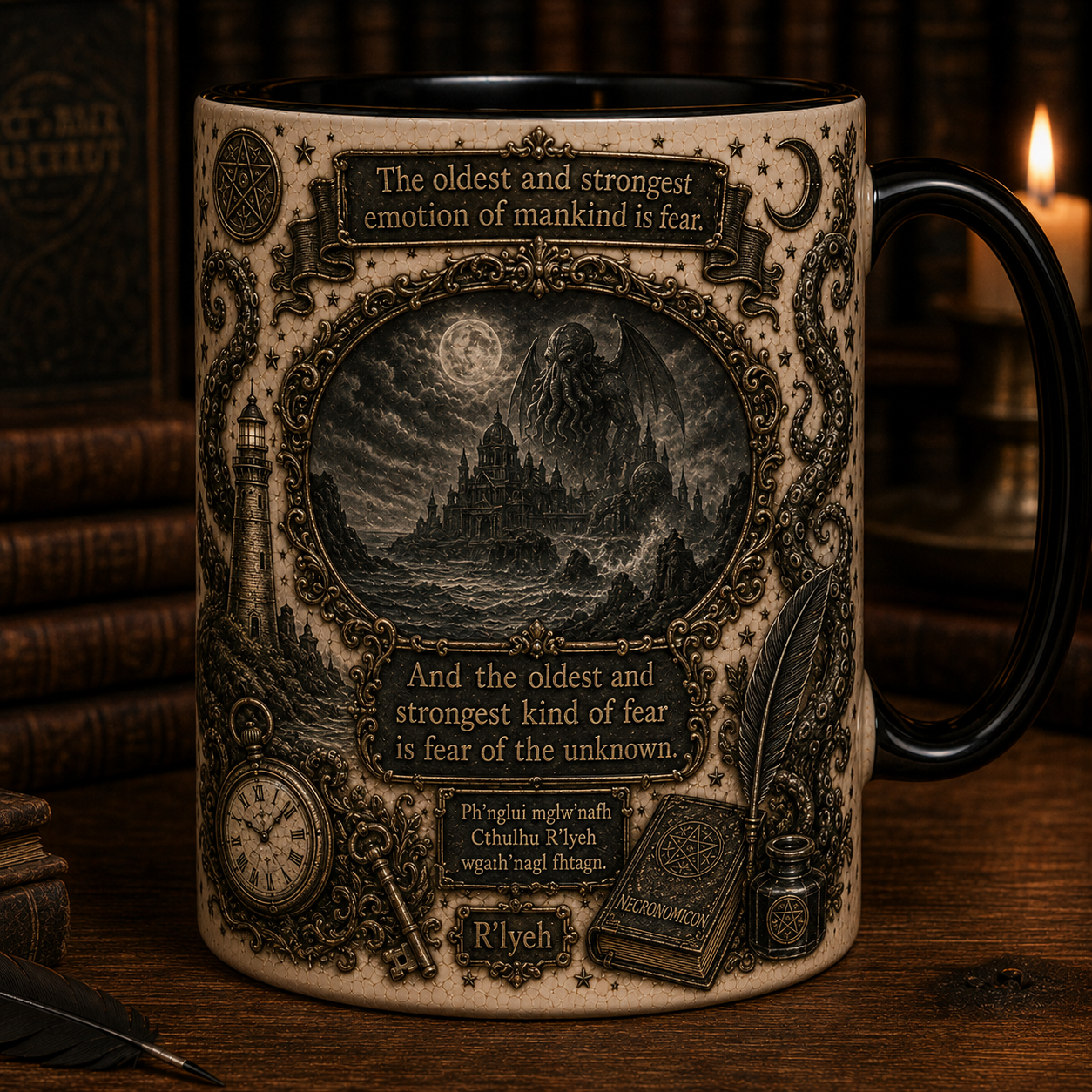 H.P. Lovecraft Mug – Cthulhu Cosmic Horror Coffee Cup, Necronomicon Literary Mug, Gothic Horror Book Lover Gift