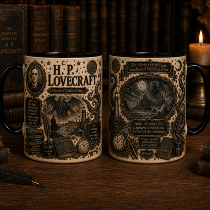 H.P. Lovecraft Mug – Cthulhu Cosmic Horror Coffee Cup, Necronomicon Literary Mug, Gothic Horror Book Lover Gift